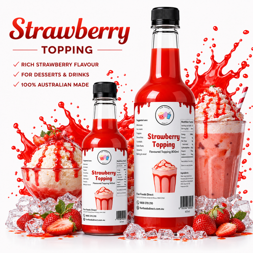 Strawberry dessert topping bottles with vibrant strawberry syrup for desserts and drinks.