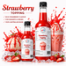 Strawberry dessert topping bottles with vibrant strawberry syrup for desserts and drinks.