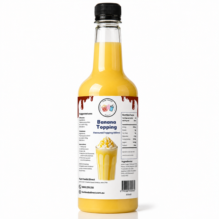 Banana dessert topping syrup in a bottle, perfect for milkshakes and ice cream toppings, ready to use.