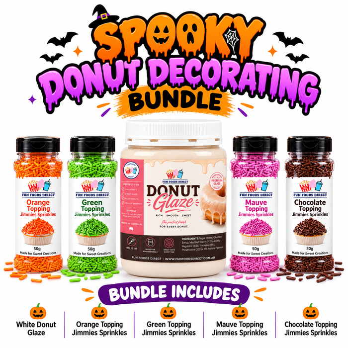 Halloween Monster Dessert Decorating Bundle – White Donut Glaze & 4 Colour Sprinkles – 5 Pack