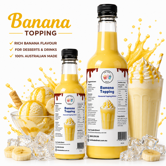 Banana dessert topping syrup in bottles, ideal for thickshakes, sundaes, and desserts, with rich banana flavor.