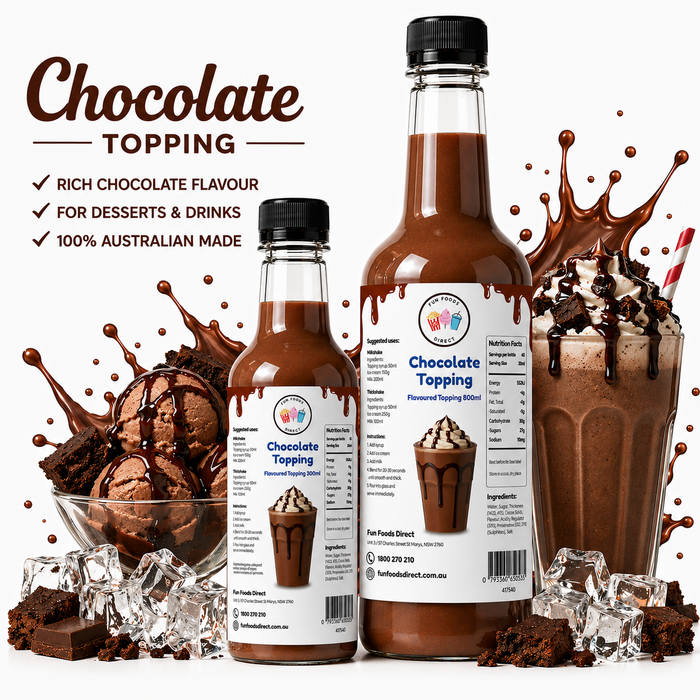 Chocolate dessert topping bottles with rich chocolate flavor for desserts and drinks.
