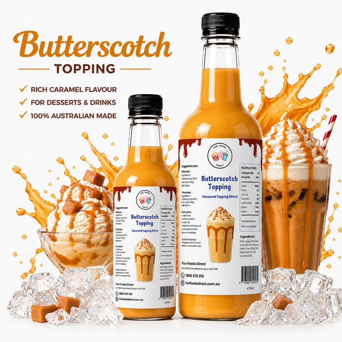 Butterscotch dessert topping bottles with rich caramel flavour for desserts and drinks.