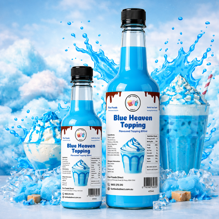 Blue Heaven dessert topping bottles with ice cream and shakes, perfect for enhancing desserts like thickshakes and sundaes.