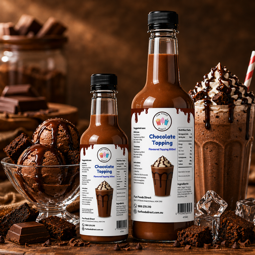 Chocolate dessert topping bottles next to ice cream, brownies, and a thickshake, showcasing delicious dessert options.