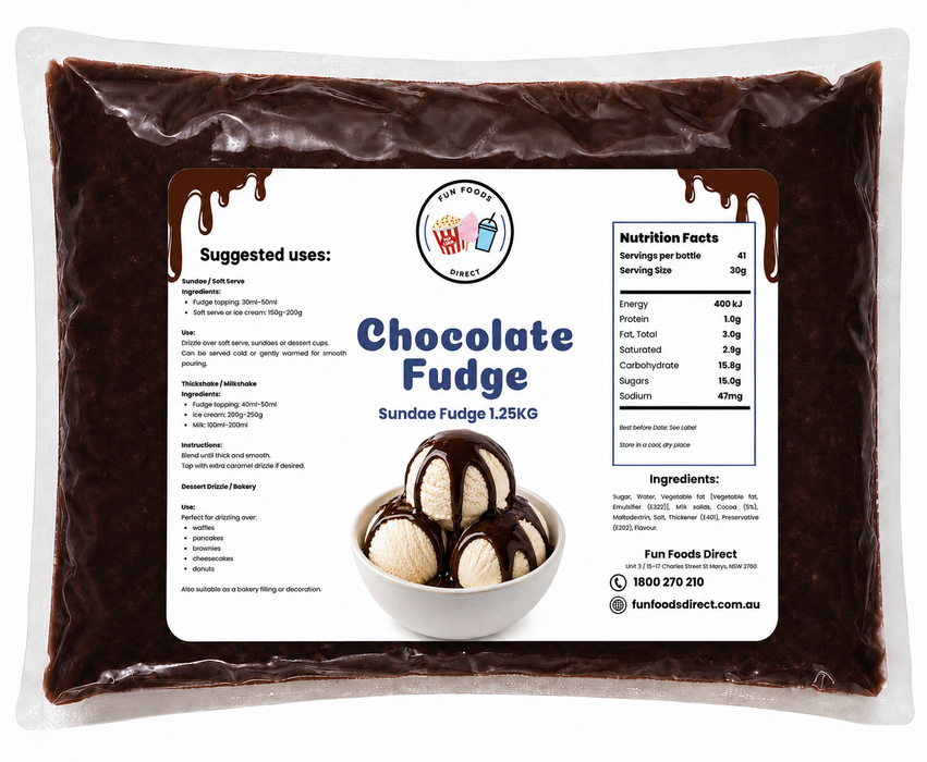 Delicious Sundae Topping Fudge in a pouch, perfect for ice cream, sundaes, and desserts, featuring nutrition facts.