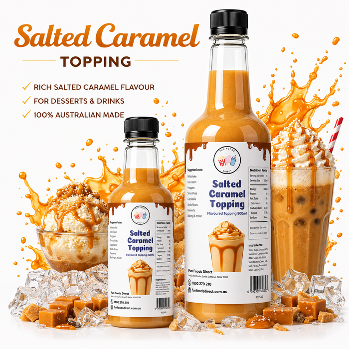 Salted Caramel Dessert Topping bottles perfect for desserts and drinks, featuring rich salted caramel flavor, 100% Australian made.