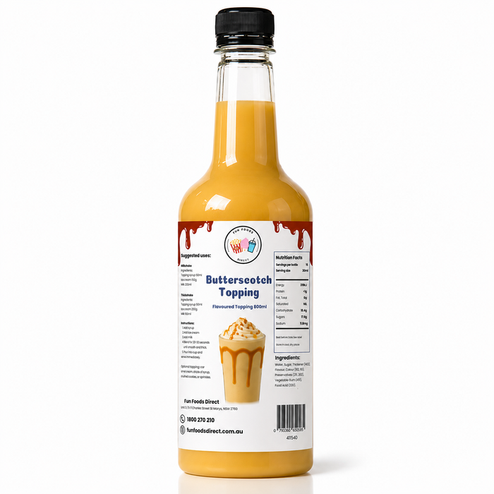 Butterscotch Dessert Topping bottle with nutrition facts, perfect for thickshakes, sundaes, and drinks.
