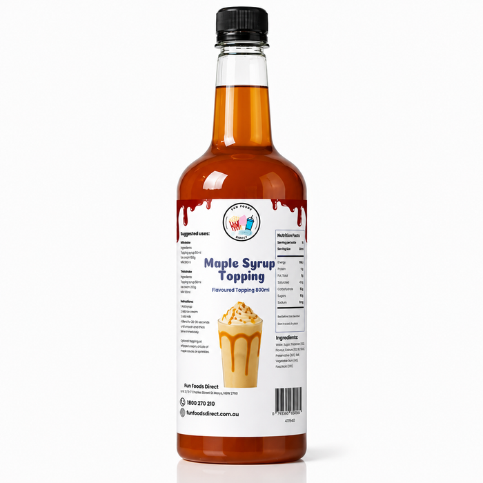 Maple Syrup Dessert Topping bottle perfect for thickshakes, sundaes, and drinks.