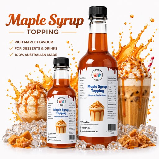 Maple Syrup Dessert Topping bottles with rich maple flavour for desserts and drinks, perfect for sundaes and milkshakes.