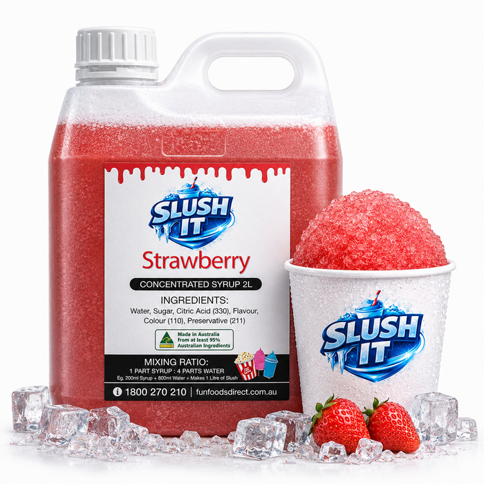 Strawberry Sno Cone Syrup 2L bottle with slush, ice, and strawberries in a vibrant display.