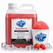 Strawberry Sno Cone Syrup 2L bottle with slush, ice, and strawberries in a vibrant display.