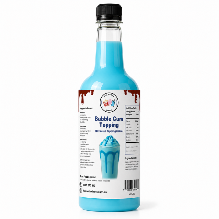 Bubble Gum Dessert Topping bottle for thickshakes and sundaes, vibrant blue syrup for ultimate dessert enhancement.