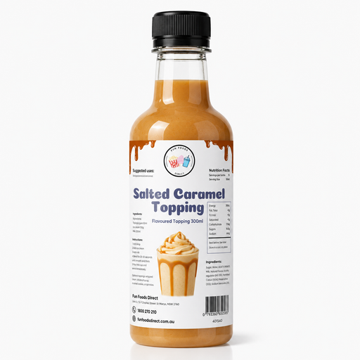 Salted Caramel Dessert Topping bottle for thickshakes, sundaes, and drinks, featuring clear label design.