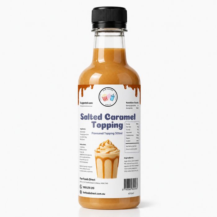 Salted Caramel Dessert Topping bottle for thickshakes, sundaes, and drinks, featuring clear label design.