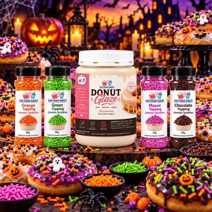Halloween Monster Dessert Decorating Bundle – White Donut Glaze & 4 Colour Sprinkles – 5 Pack