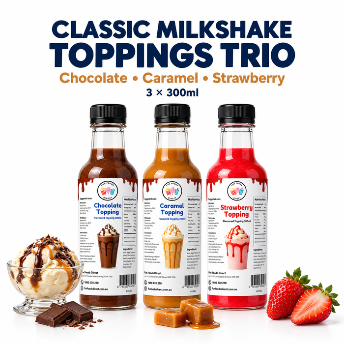 Classic Milkshake Toppings Trio – Chocolate, Caramel & Strawberry | 3 × 300ml