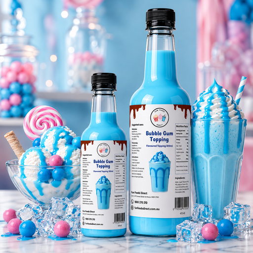 Bubble Gum Dessert Topping bottles next to a thickshake and ice cream, perfect for milkshakes and sundaes.