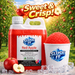 Red Apple Snow Cone Syrup 2L bottle and slushy cup with text 'Sweet & Crisp' and apples in the background.