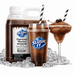 Espresso Martini Slush / Slushie Mix Bottles with drinks and slushy mix container on ice.