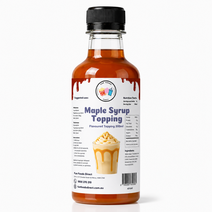 Maple Syrup Dessert Topping bottle for thickshakes, sundaes, and drinks, featuring rich maple flavor.