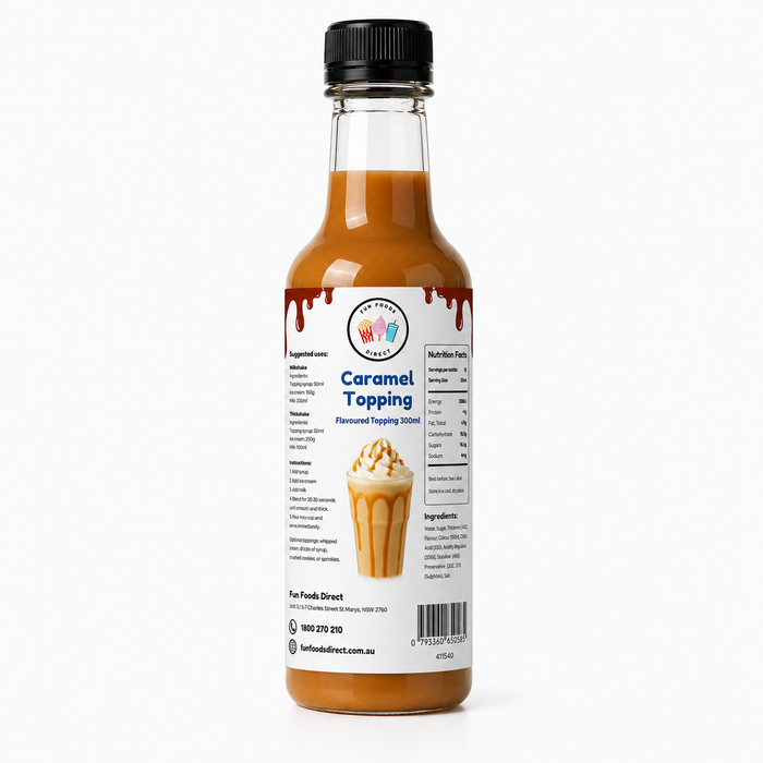 Caramel Dessert Topping in a bottle, ideal for thickshakes, sundaes, and drinks, featuring easy-to-use syrup.