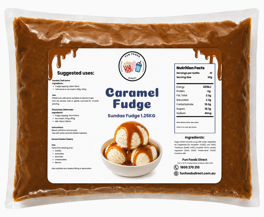 Sundae topping fudge in a package with nutrition facts and suggested uses for desserts and ice cream.