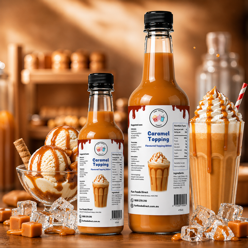 Caramel dessert topping bottles next to ice cream and thickshake, perfect for adding flavor to desserts.