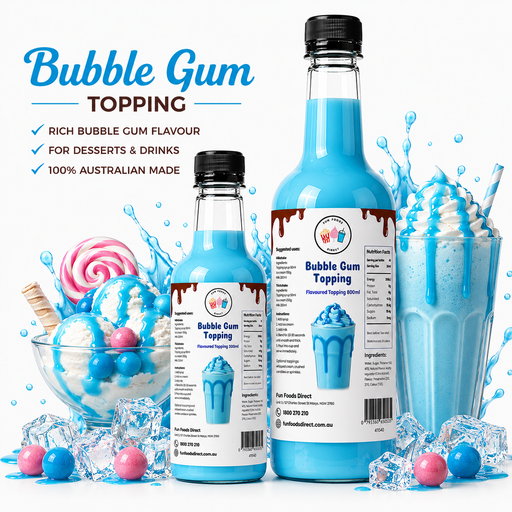 Bubble Gum dessert topping bottles with rich blue syrup, ideal for desserts and drinks, 100% Australian made.