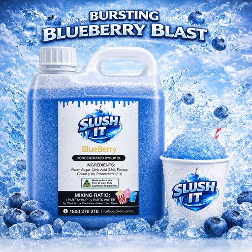 Blueberry Sno Cone Flavour Bottle 2L and slushy cup with blueberry slushy syrup for refreshing icy drinks.