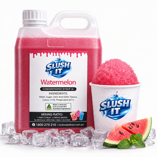 Watermelon Sno Cone Flavour Bottle 2L with slush cup and watermelon slice, perfect for watermelon snow cone syrup.