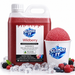Wildberry snow cone syrup 2L bottle next to a cup of wildberry slush topped with ice and berries.