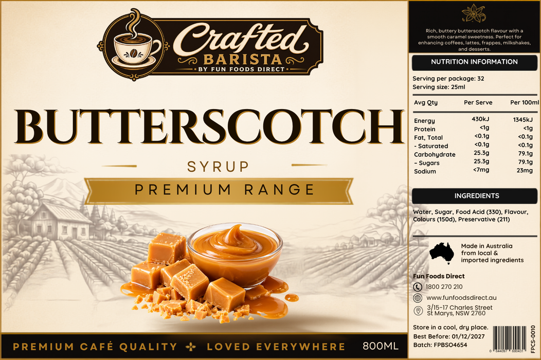 Butterscotch Syrup Premium Range 800mL | Café Syrup