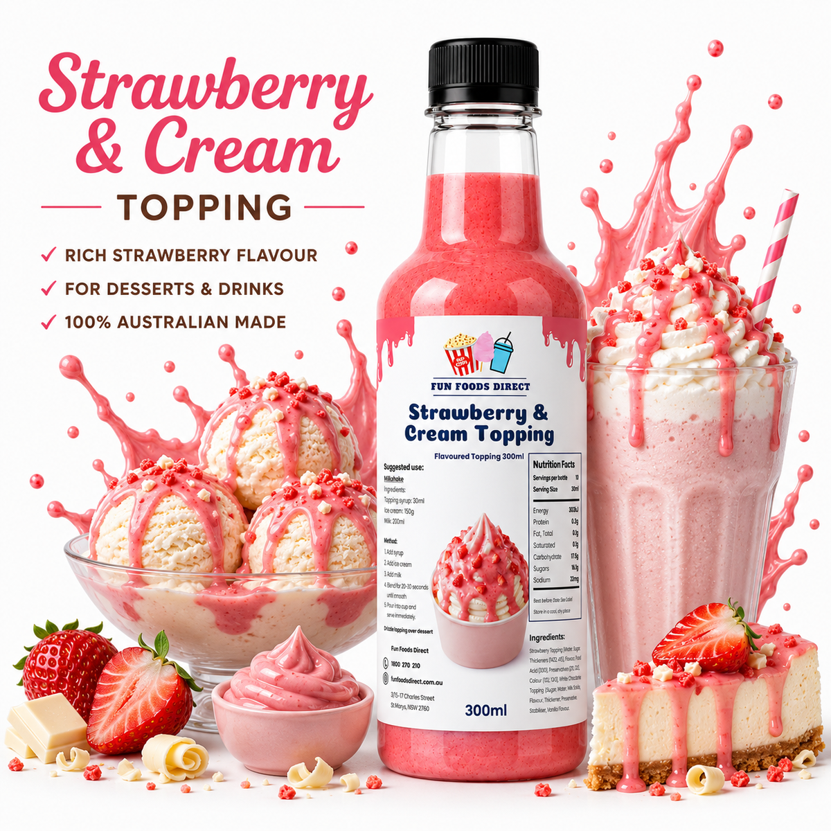 Strawberry & Cream Premium Milkshake Syrup & Dessert Topping for Thick ...