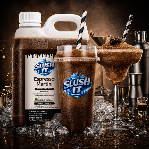 Espresso Martini Slush / Slushie Mix Bottles featuring a container and two glasses on ice.
