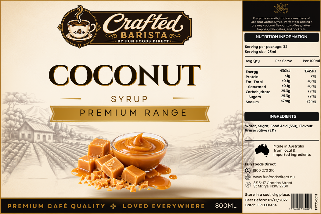 Coconut Syrup Premium Range 800mL | Creamy Café Syrup