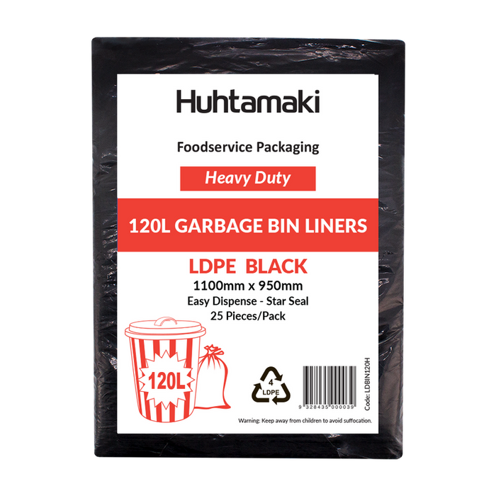 LDPE 120L Black Heavy Duty Bin Liners 1100 x 950mm | 100/Carton