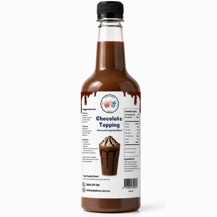 Chocolate dessert topping bottle, perfect for thickshakes, sundaes, and other delicious desserts.
