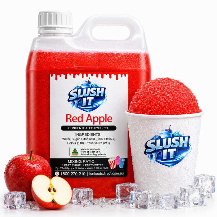Red Apple Sno Cone Flavour Bottle 2L with slush cup and apples, showcasing red apple snow cone syrup ingredients.