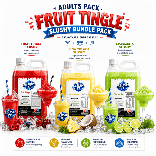 Adults Slushy Bundle Pack - Fruit Tingle, Piña Colada, and Margarita with colorful slushy drinks and flavors.