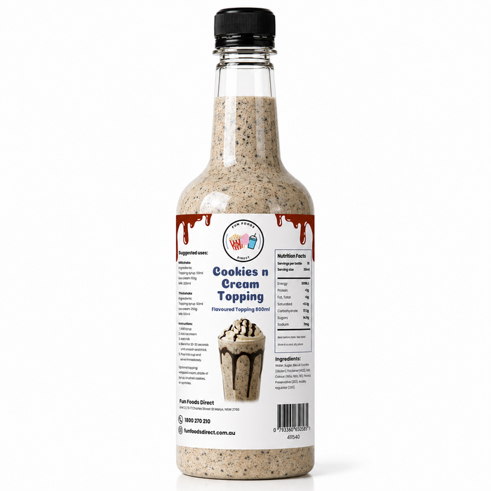 Cookies n Cream Dessert Topping bottle designed for thickshakes, sundaes, and drinks for dessert lovers.
