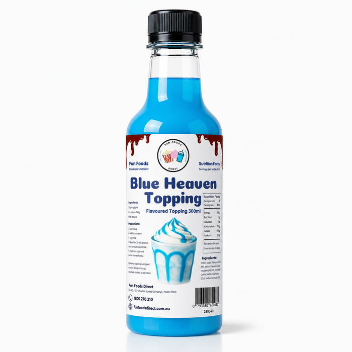 Blue Heaven dessert topping bottle designed for milkshakes, thickshakes, and ice cream with vibrant blue color.