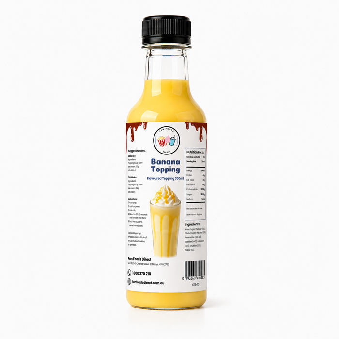 Banana dessert topping syrup in a bottle, ideal for thickshakes, sundaes, and drinks.