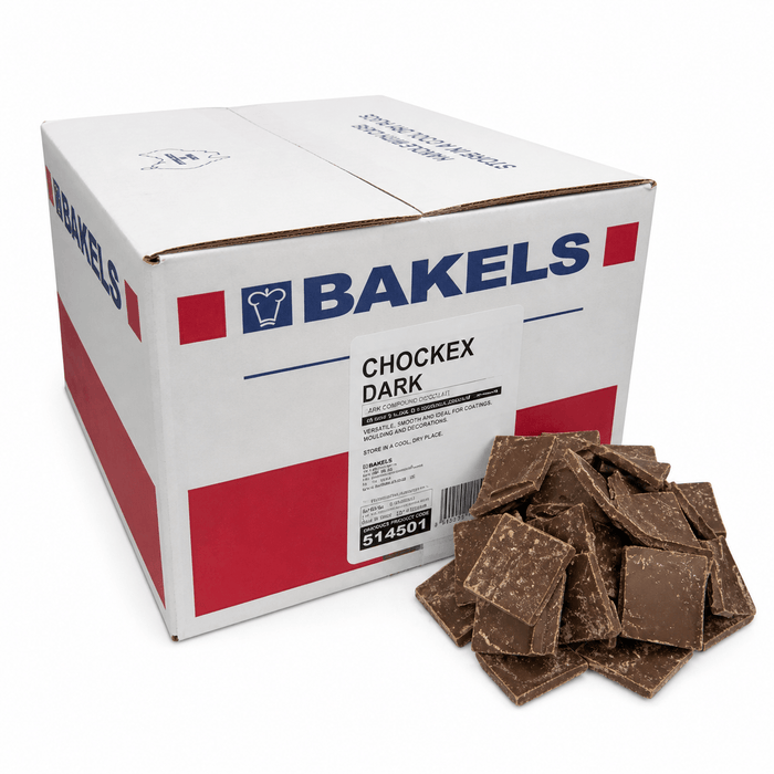 Bakels Chockex Dark Compound Chocolate 10KG | Premium Baking Coating Chocolate with chunks in front of the box.