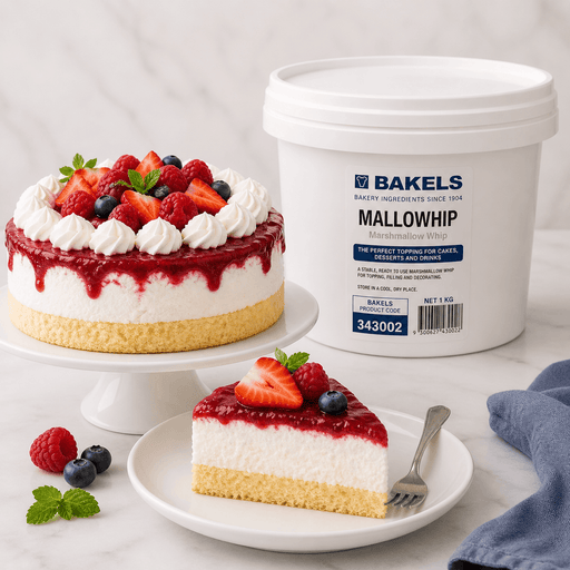 Bakels Mallowhip 12.5KG | Premium Whipping & Filling Base for Cakes and Desserts with cake and toppings.