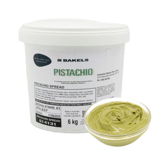 Bakels pistachio spread 6kg tub with creamy pistachio filling in glass bowl for bakery and dessert recipes