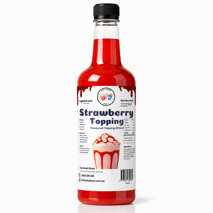 Strawberry dessert topping syrup in a bottle, perfect for milkshakes, sundaes, and drinks.