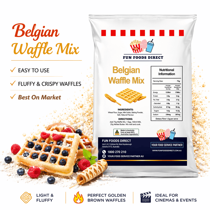 Breakfast dessert mix bundle featuring Belgian Waffle Mix, ideal for fluffy, crispy waffles at home or business.