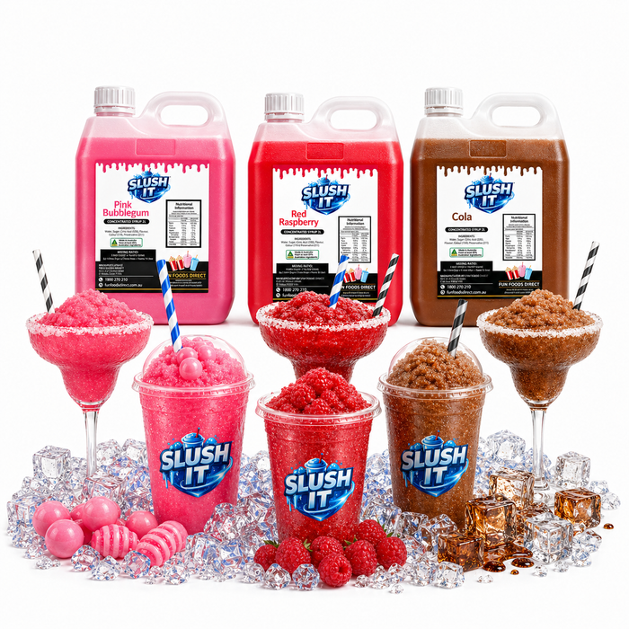 Best Sellers Slushy Bundle Pack showcasing slushy bundle flavors Pink Bubblegum, Red Raspberry, and Cola syrups in vibrant cups.