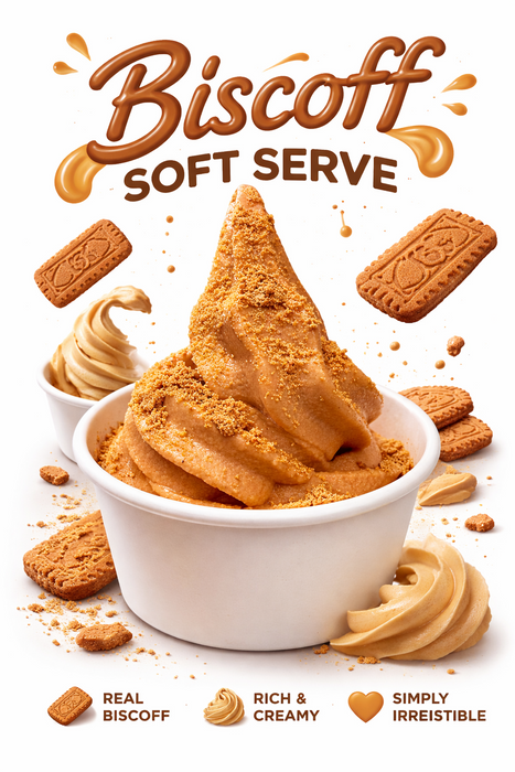 Biscoff soft serve mix - creamy Biscoff flavor served in a cup with cookie crumbles on top.